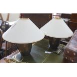 A pair of contemporary copper table lamps, with shades, height including shades 40cm