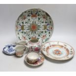 Collection of 18th century Chinese porcelain including an armorial dish, teapot hand painted in
