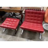 A Knoll Studio Barcelona style red leather and chrome chair, width 75cm, depth 75cm, height 74cm and