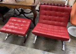 A Knoll Studio Barcelona style red leather and chrome chair, width 75cm, depth 75cm, height 74cm and