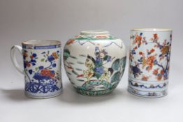 A Chinese Imari large mug, early 18th century, a Chinese famille rose mug, Qianlong period and a