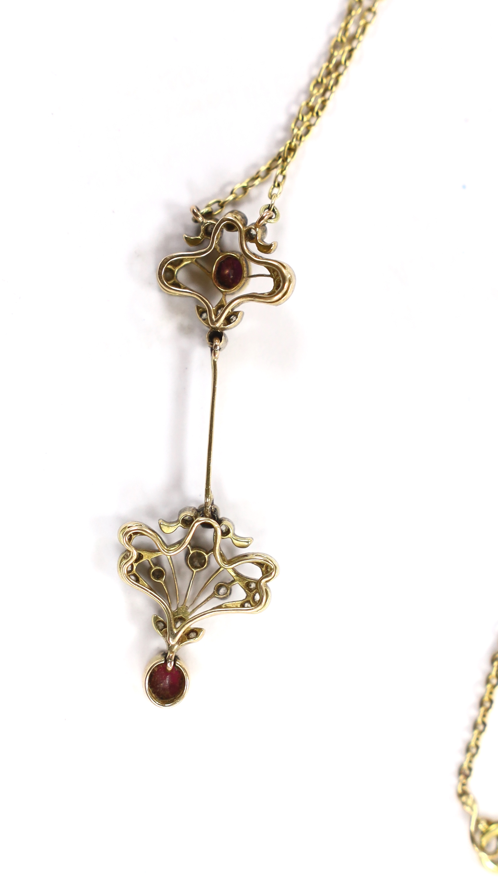 A Belle Epoque yellow metal and millegrain set ruby and diamond drop pendant necklace, the chain - Image 3 of 3