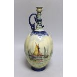 A Royal Crown Derby ewer with a very usual handle, hand painted with a sailing scene with a pale