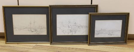 Samuel Bough (1822-1878), three pencil drawings, Harbour scenes and landscape with church steeple,