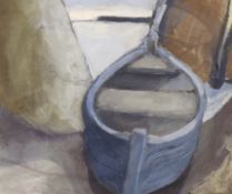 Sarah Lord (b.1964), oil on gesso, 'Blue boat between harbour walls', artist's labels verso, 23.5