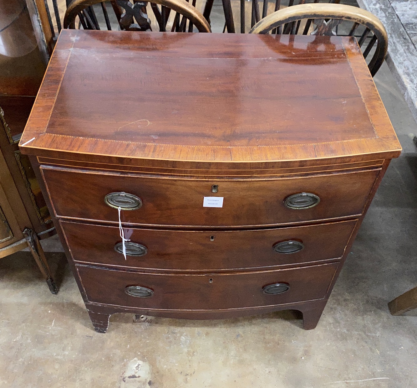 A small Regency banded and inlaid mahogany bow fronted chest of drawers, width 74cm, depth 45cm, - Image 2 of 2