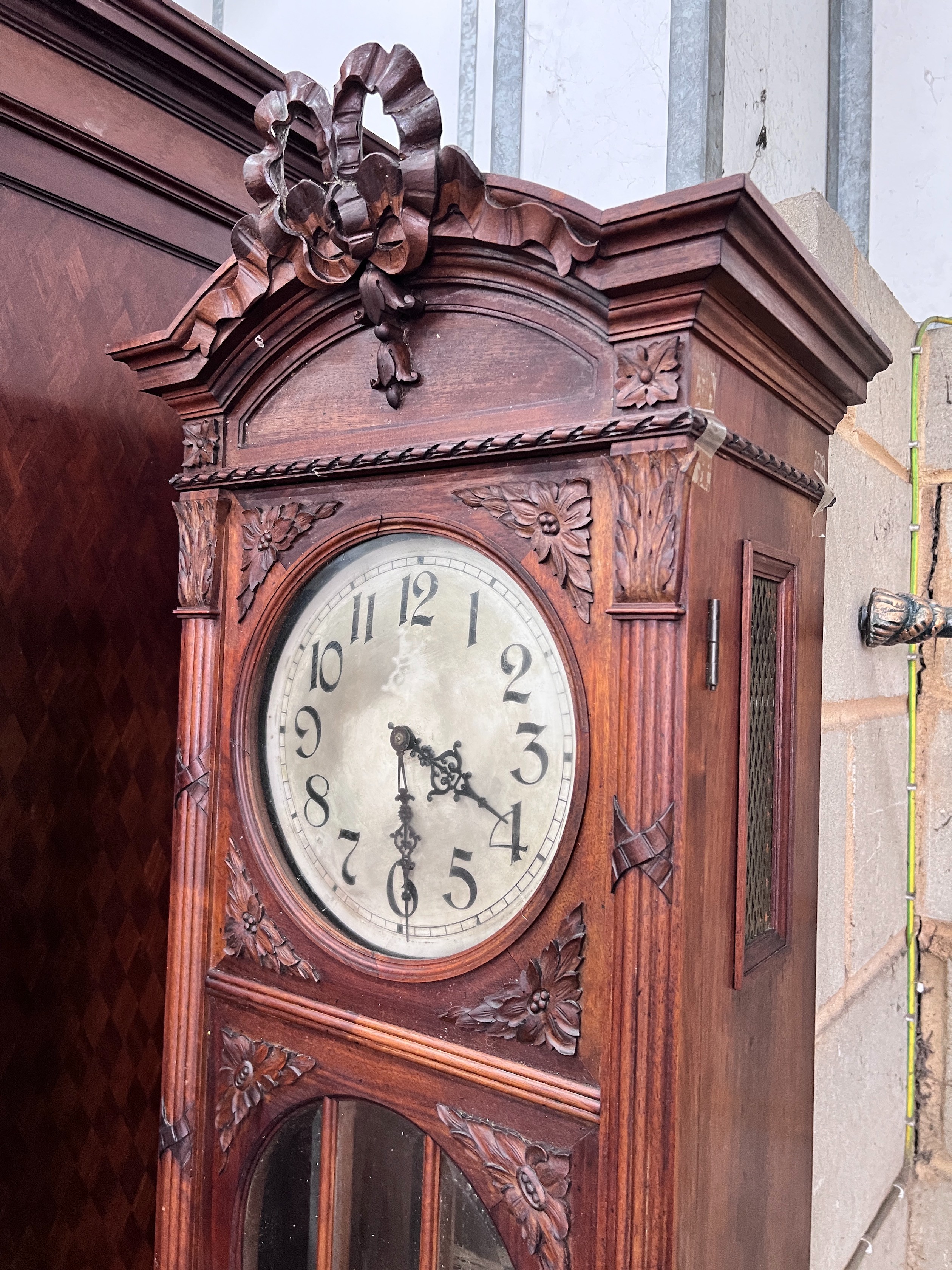 An early 20th century French carved walnut thirty hour longcase clock, height 224cm - Image 2 of 4