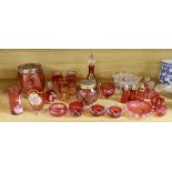 Antique and later cranberry glassware including a biscuit barrel etched with grapevines, Mary