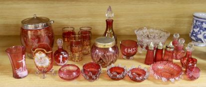 Antique and later cranberry glassware including a biscuit barrel etched with grapevines, Mary