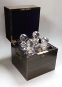 A Victorian coromandel cased and brass mounted four bottle decanter box, approx 28cm high x 25cm