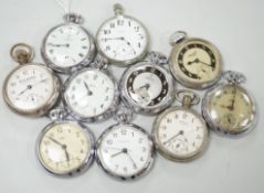 Ten assorted base metal pocket watches including Ingersoll and Smiths.