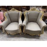 A pair of Louis XVI style carved giltwood and composition upholstered armchairs, width 85cm, depth