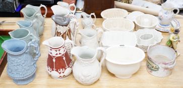 Large collection of mostly 19th century ceramics including Staffordshire figures, jugs, jelly moulds