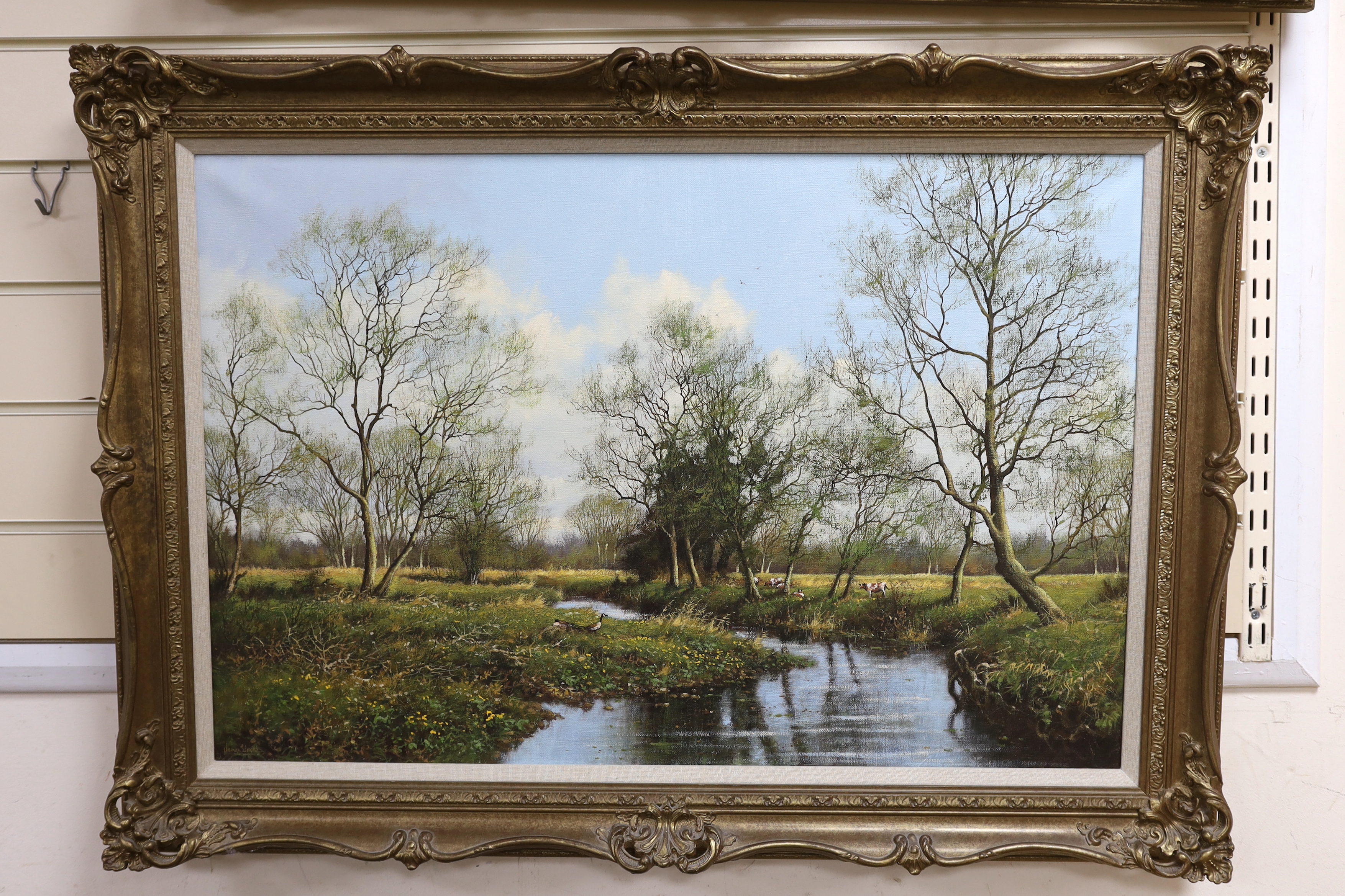 James Wright (b.1935), oil on canvas, River Tat at Cotsford neat Tattergett, signed, 50 x 76cm - Image 2 of 3