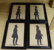 Victorian School, four cut and bronzed paper silhouettes, Full length profiles of gentlemen