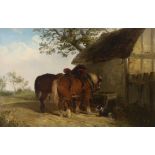 Thomas Smythe (1825-1906), oil on canvas, Plough horses and dog beside a stable, signed, 29 x 44cm