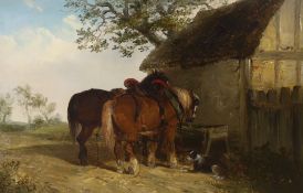 Thomas Smythe (1825-1906), oil on canvas, Plough horses and dog beside a stable, signed, 29 x 44cm