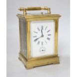 A large French gilt brass repeating carriage clock with alarm and enamel dial, 18cm high