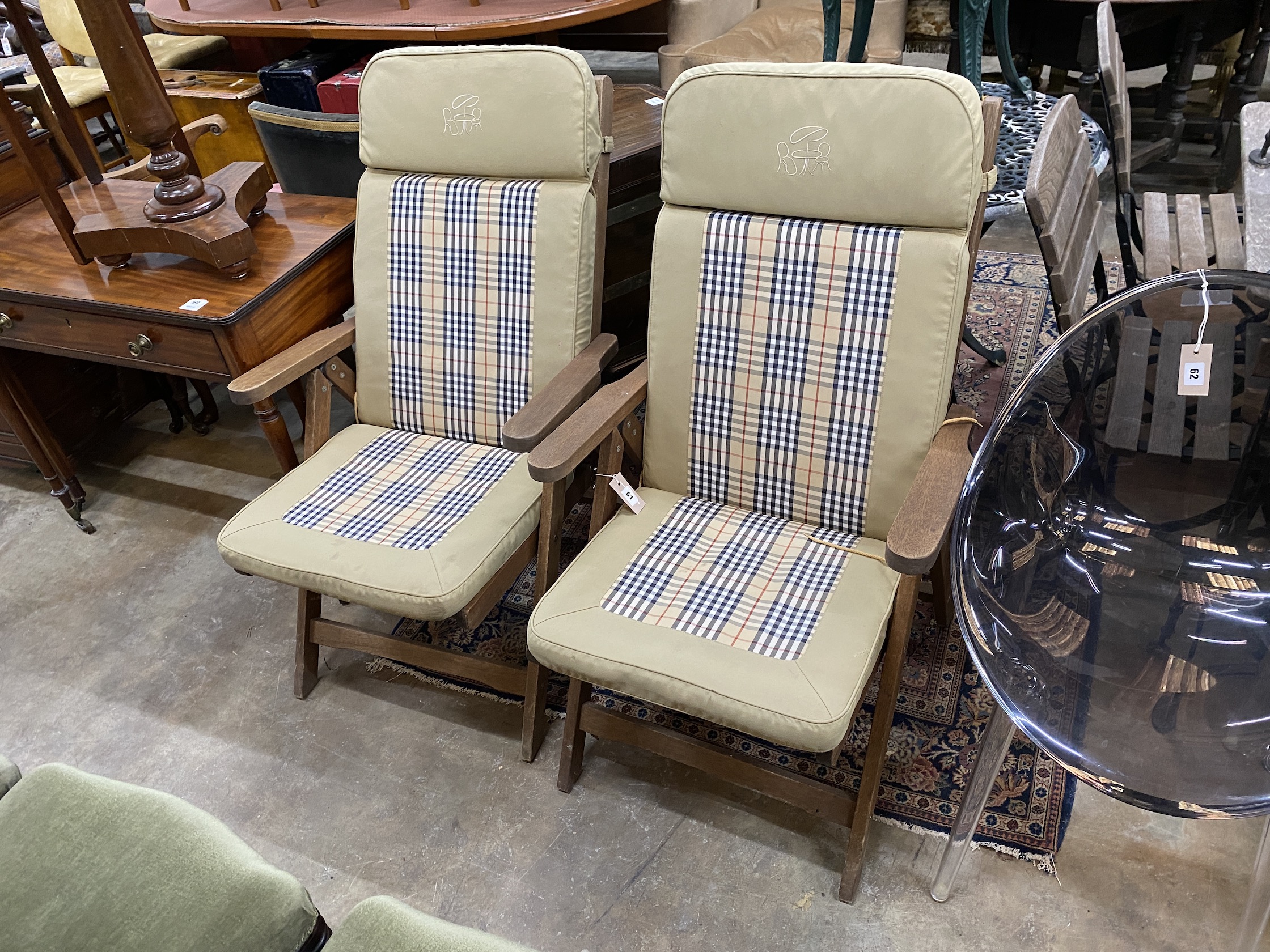 A pair of teak reclining garden elbow chairs with cushions, width 60cm, height 100cm - Image 2 of 3