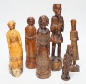A collection of Greek carved olivewood and treen carved figures, 19th century, largest 25cm