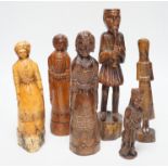 A collection of Greek carved olivewood and treen carved figures, 19th century, largest 25cm