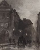 George Sheffield (1839-1892), charcoal drawing, Street scene at night, initialled and dated '79,