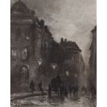 George Sheffield (1839-1892), charcoal drawing, Street scene at night, initialled and dated '79,