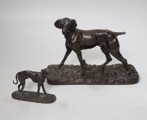 After Pierre-Jules Mêne (1810 – 1879) a patinated cast iron hound and a similar small bronze