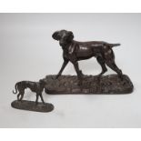 After Pierre-Jules Mêne (1810 – 1879) a patinated cast iron hound and a similar small bronze