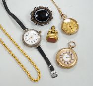 A modern 9ct gold rope twist chain, 39.5cm, 7.8 grams, two 14k fob watches, one with enamelled