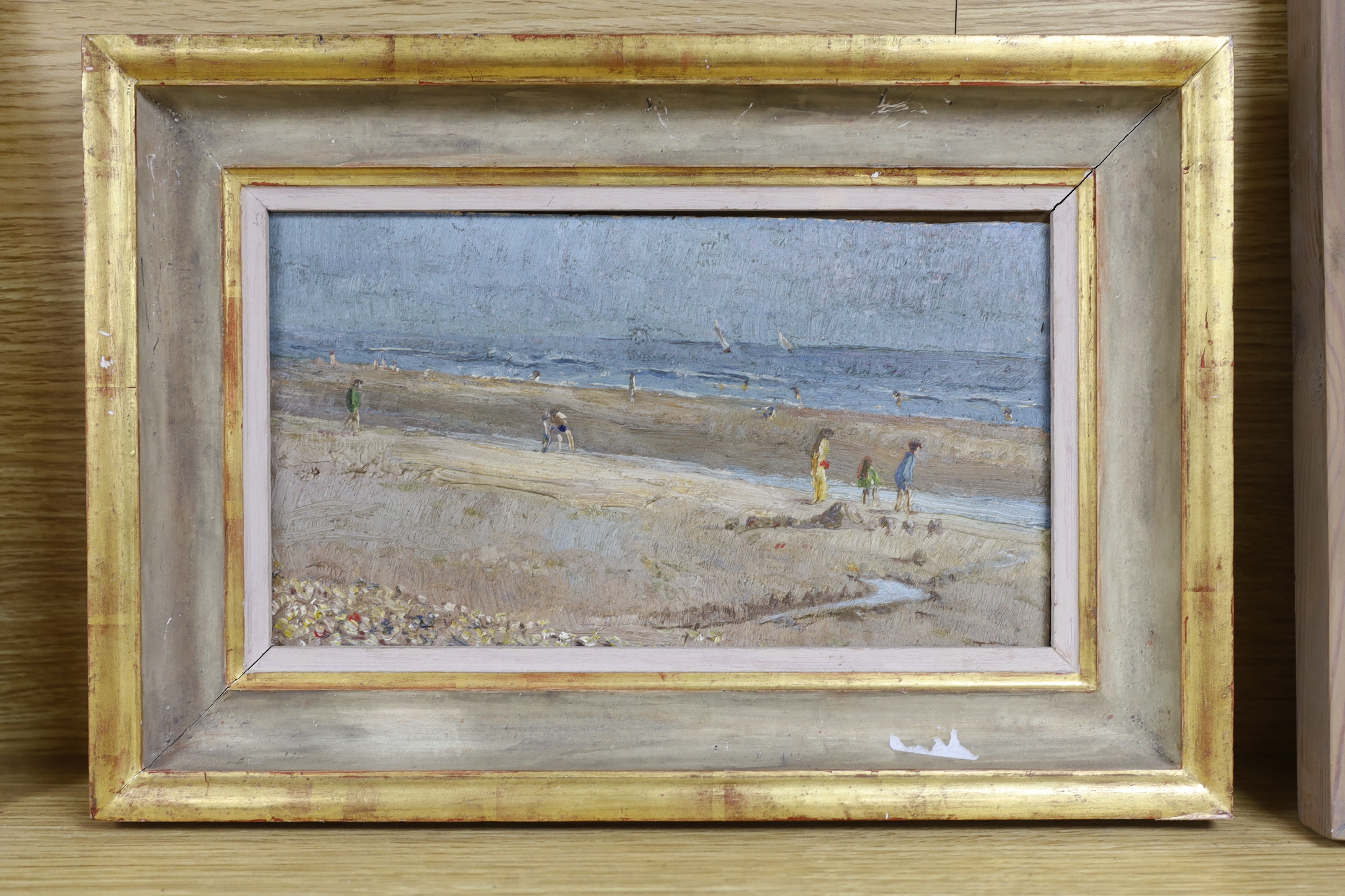 Modern British, oil on board, Figures on a beach, 15 x 28cm - Image 2 of 2