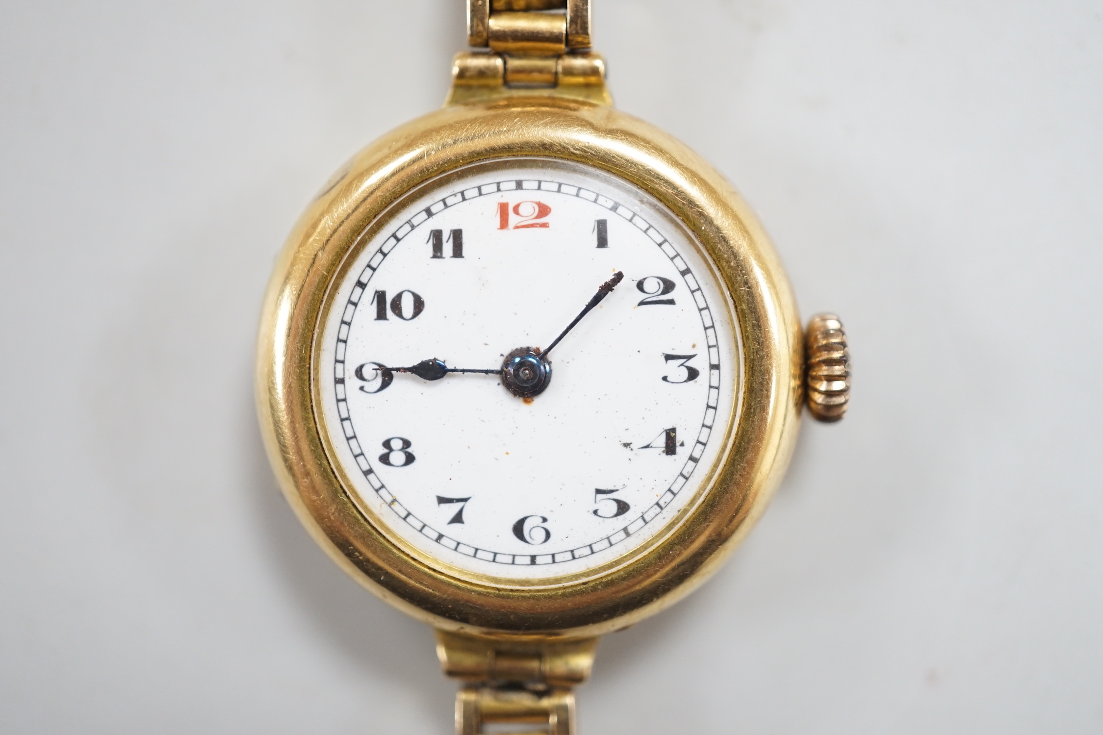 An early 20th century 18ct gold manual wind wrist watch, on an 18ct flexible bracelet, case diameter - Image 2 of 4