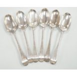 A set of six early George III silver Old English feather edge table spoons, Thompson Davis,