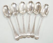 A set of six early George III silver Old English feather edge table spoons, Thompson Davis,