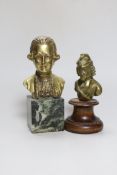 Onesta: A bronze bust of a musician, and a similar bust on wooden stand, Onesta bust 16.5cm high