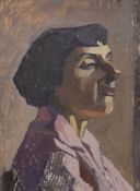 Style of Wyndham Lewis (1882-1957), oil on board, Stylish portrait, 40 x 29cm