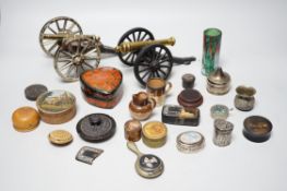 Two metal models of field cannons and sundry small boxes, in treen, white metal and papier-mâché