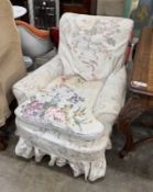 A late Victorian upholstered armchair, width 82cm, depth 80cm, height 88cm