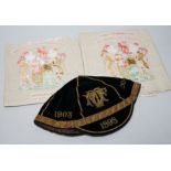Two South African late 19th century damask railway napkins and a velvet rugby or cricketing cap
