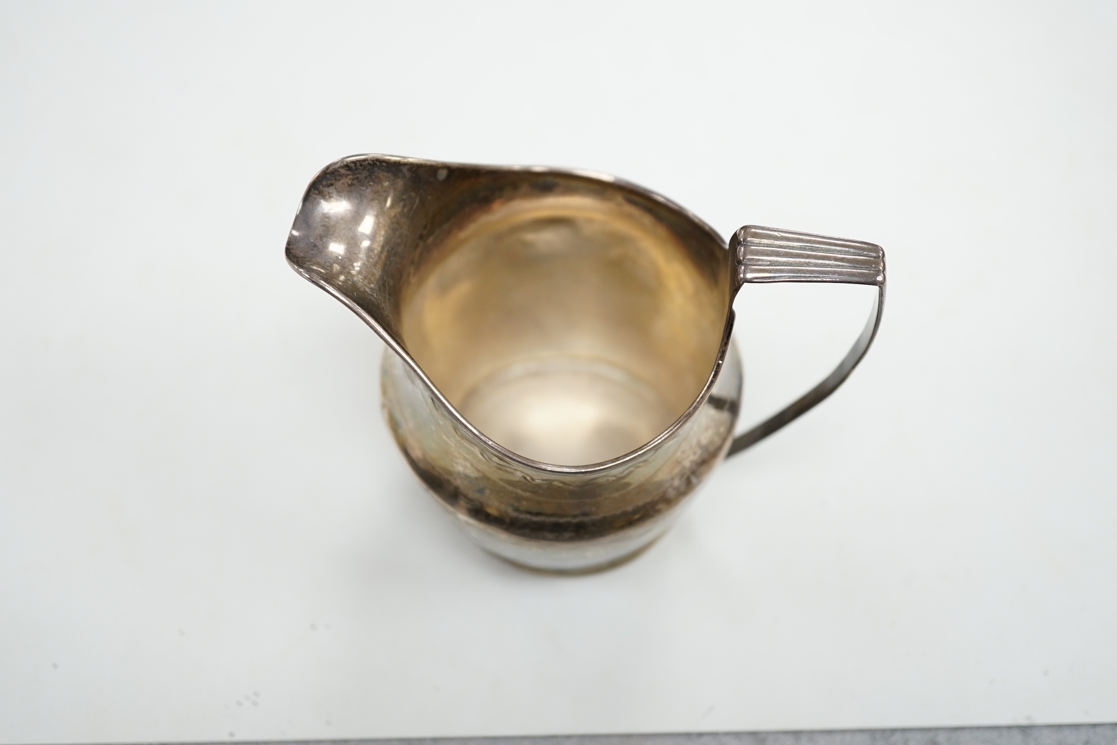 A George III engraved silver helmet shaped cream jug, London, 1801, 97mm, 3.3oz. - Image 2 of 3