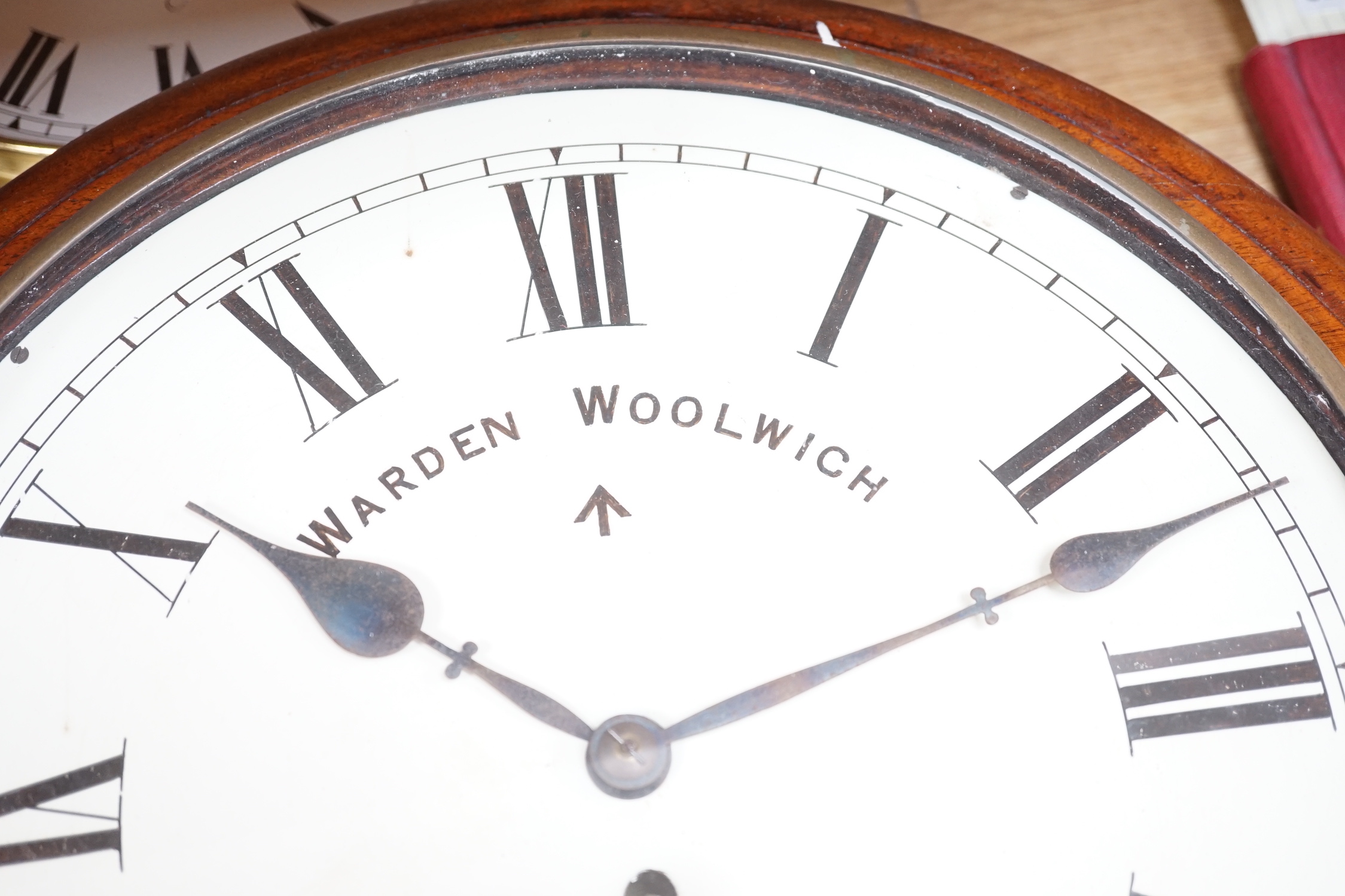 An Edwardian mahogany single fusee wall timepiece, The dial signed Warden Woolwich, the movement - Image 4 of 4