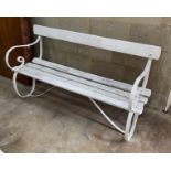 A wrought iron slatted painted wood garden bench, length 150cm, depth 64cm, height 79cm