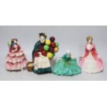 Four Royal Doulton figurines comprising Polly Peachum, Parasol, Charmian and Balloon seller, the