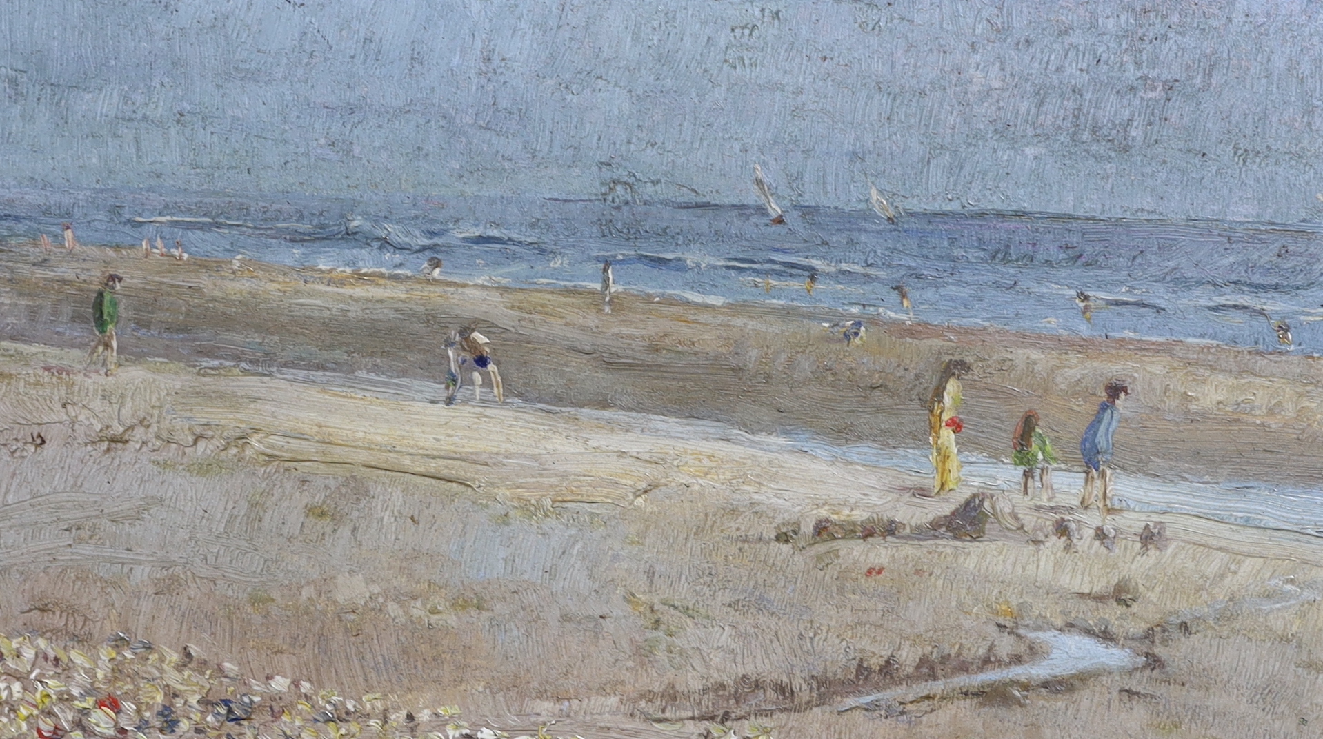 Modern British, oil on board, Figures on a beach, 15 x 28cm