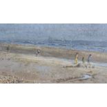 Modern British, oil on board, Figures on a beach, 15 x 28cm