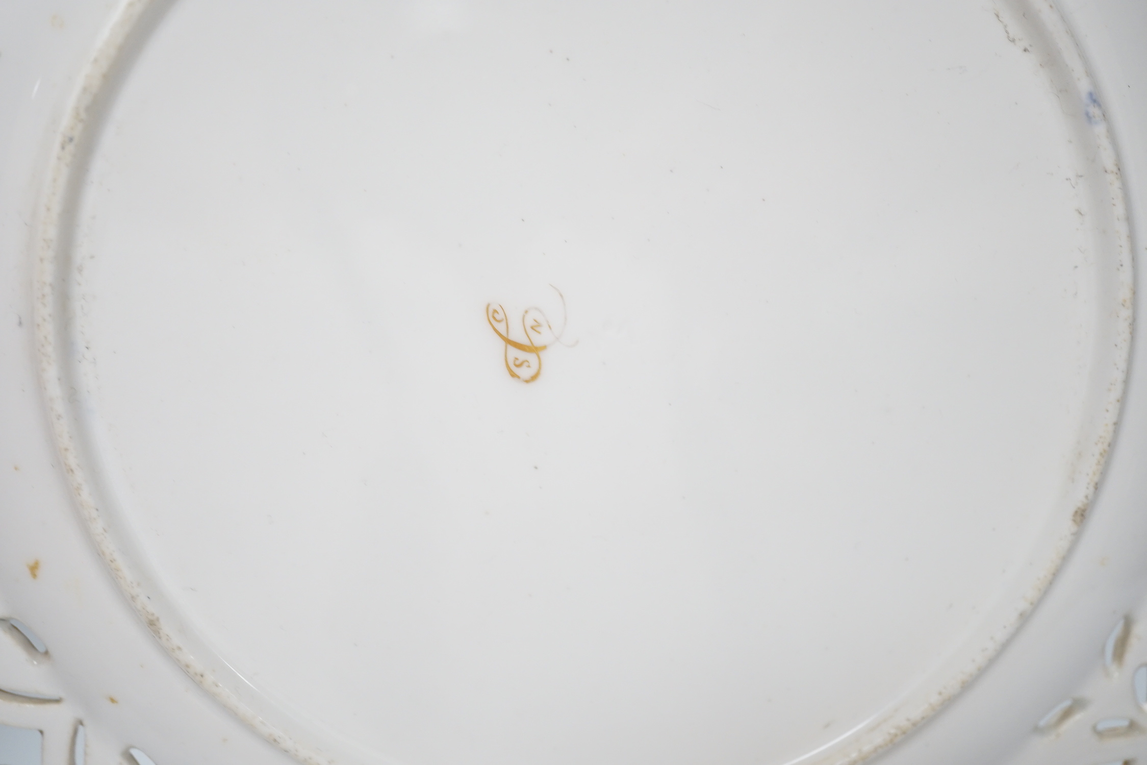 A Coalport plate with pierced border enamelled with white flowers and neo-classical raised paste - Image 3 of 3