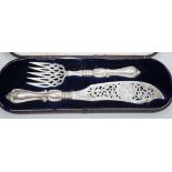 A cased pair of Victorian silver fish servers, Henry Howson, Sheffield, 1856, knife 33.8cm.