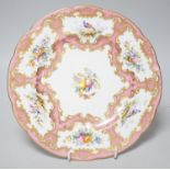 A Coalport plate painted with pink ground border, having alternating bird and flower panels and