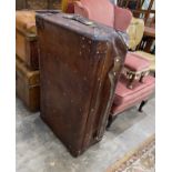 A Victorian leather copper and brass studded travelling trunk, length 94cm, depth 56cm, height 30cm