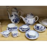 A collection of 18th century Worcester and Lowestoft blue and white tea and coffee wares,